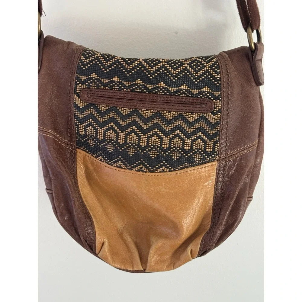 Vintage Y2K‎ The Sak Leather Crossbody Purse Brown Patchwork Boho Woven